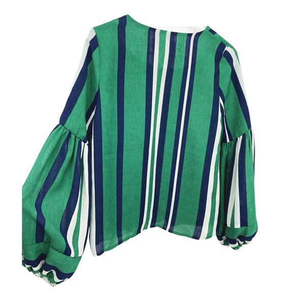 JOA Los Angeles Blouse Top Long Balloon Sleeve Green Striped Size M - Picture 3 of 4